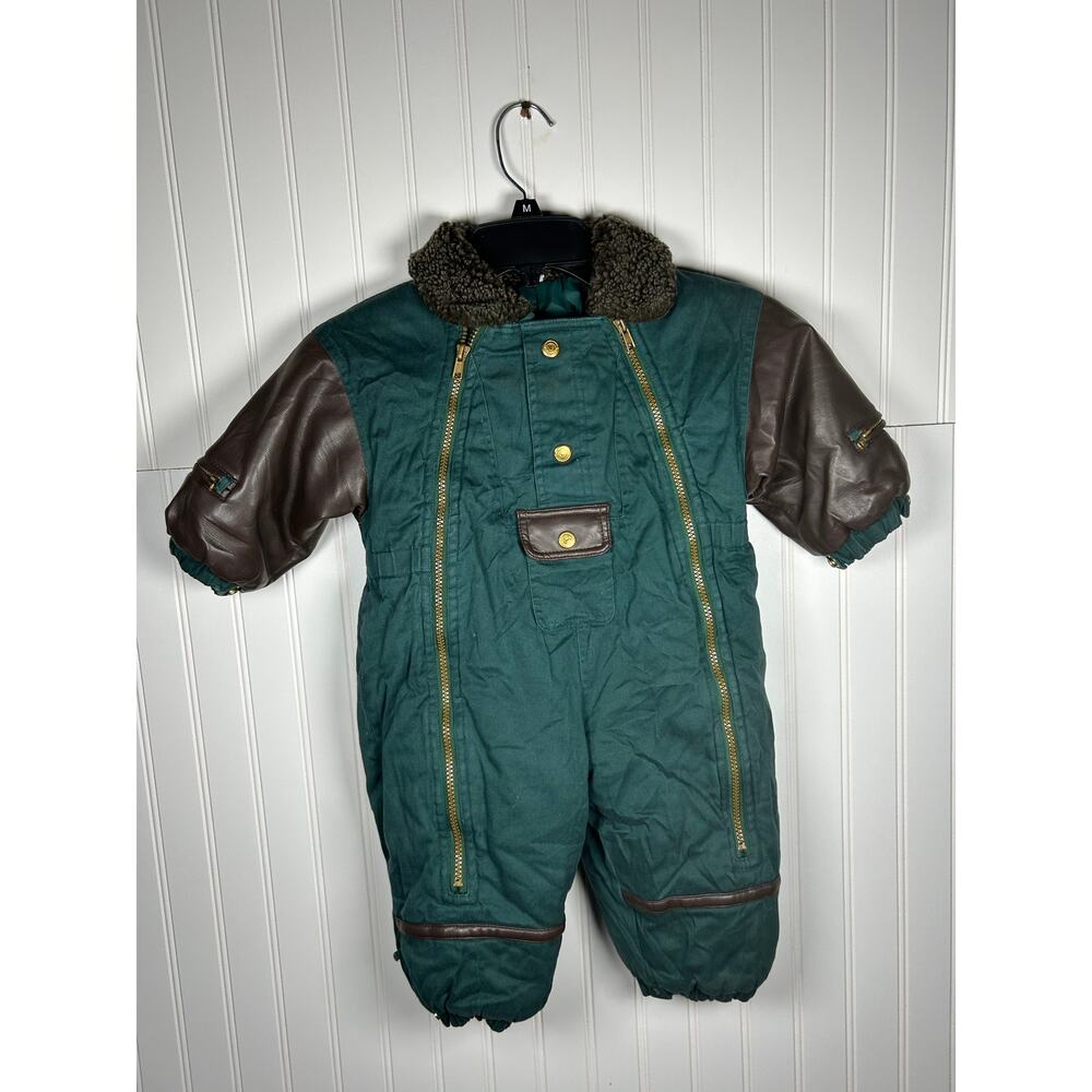 Vintage Giacca Baby green With brown leather trim Snowsuit 18 Month